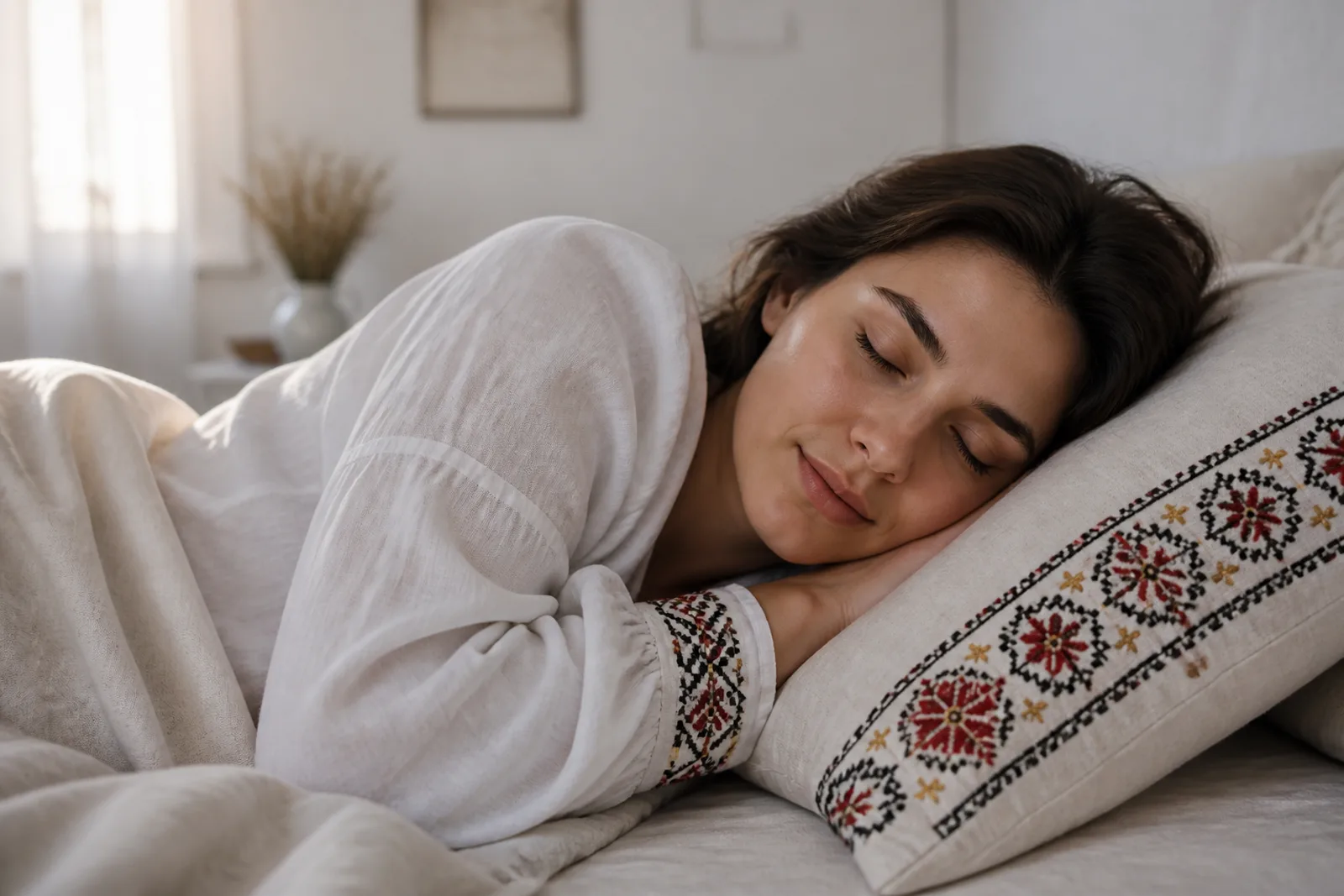 Femeie care doarme pe o pernă cu broderie românească